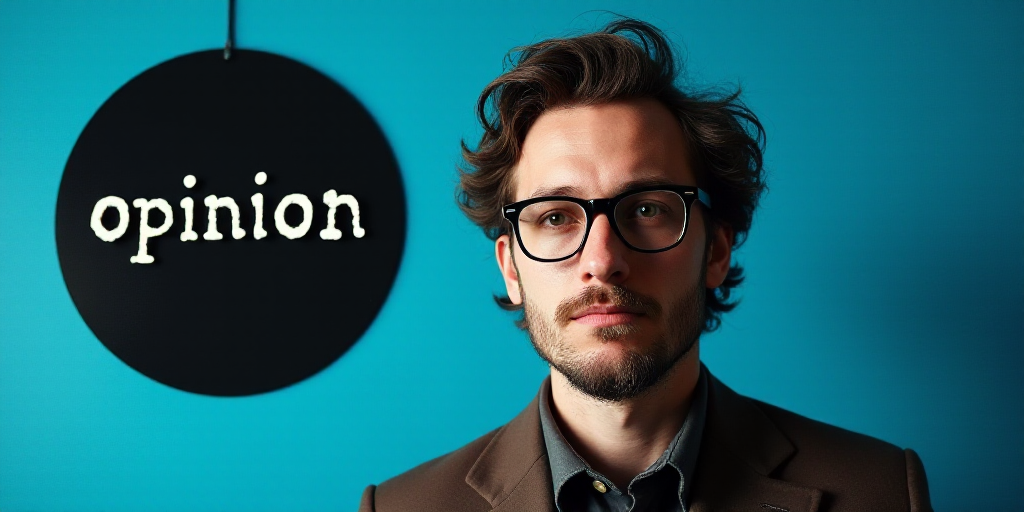 a man with glasses is looking at the camera and has a blue background with a black circle with the w