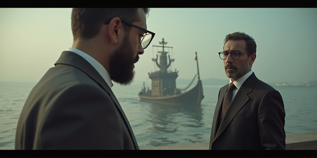 a man with glasses is on a news program with a picture of a statue of a boat and a man with a beard,