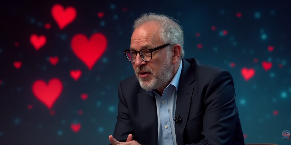 a man with glasses is talking to someone on the news screen with a background of hearts and stars in