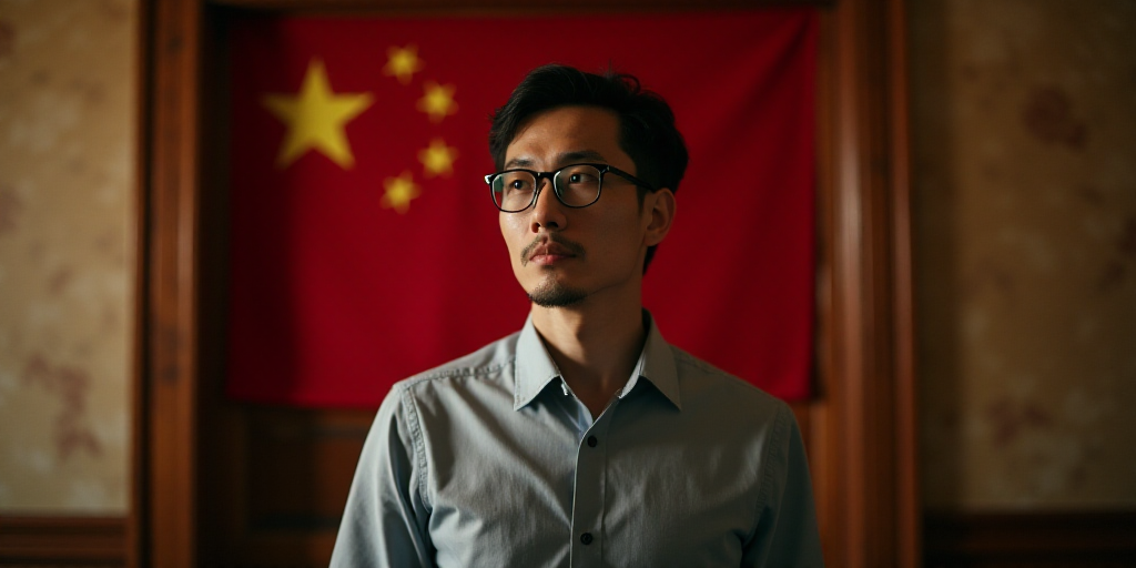 a man with glasses looking at a flag behind him in a room with a wooden door and a flag behind him,