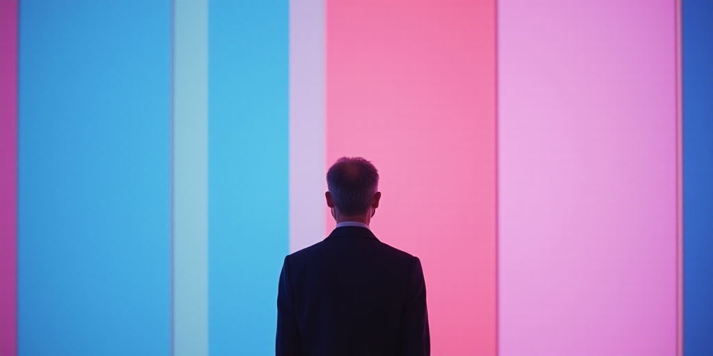 a man with glasses standing in front of a large blue and pink striped wall with a large pink and blu