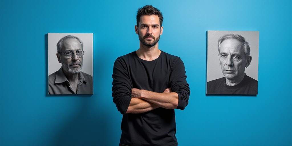 a man with his arms crossed standing in front of a blue background with a black and white photo of h