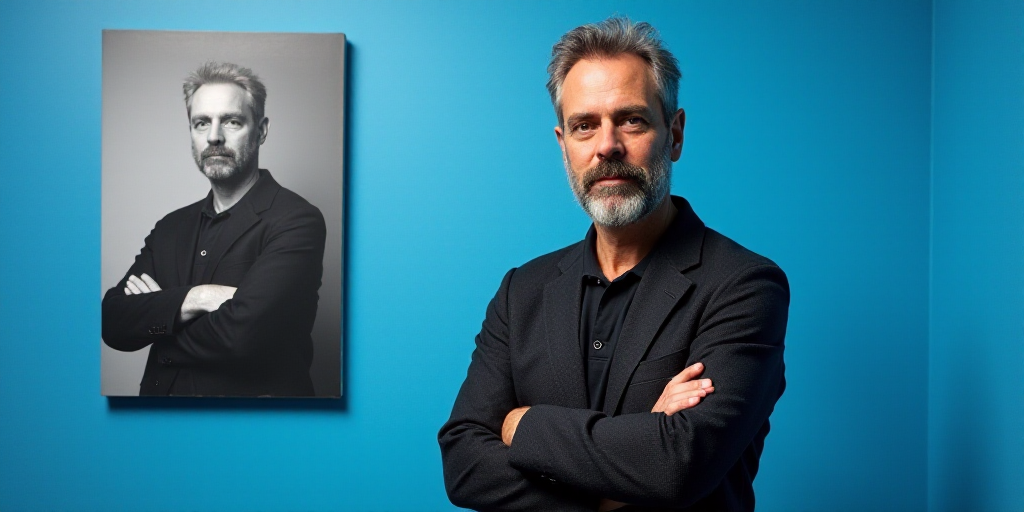 a man with his arms crossed standing in front of a blue background with a black and white photo of h