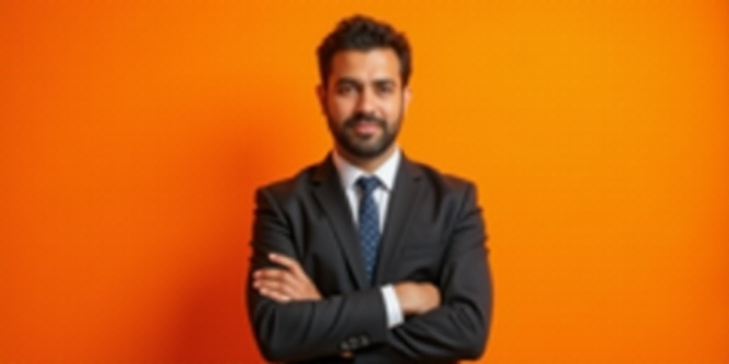 a man with his arms crossed standing in front of an orange background with a caption for a business