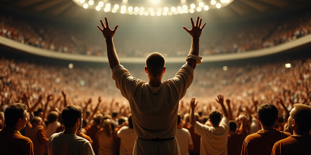 a man with his arms up in the air in front of a crowd of people in a stadium with their hands up, An