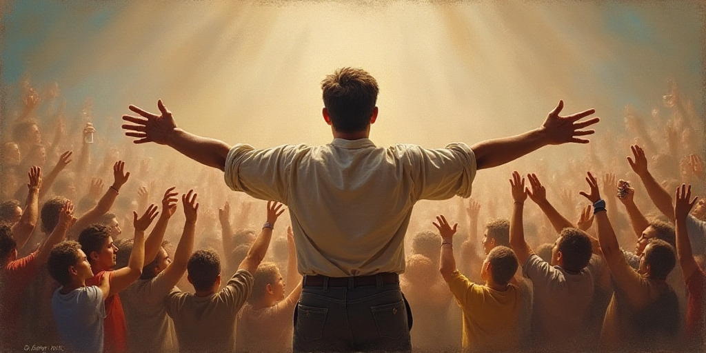 a man with his arms wide open in front of a crowd of people holding up their hands and taking pictur