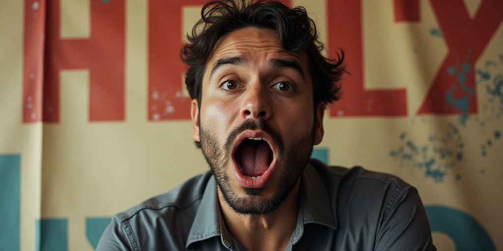 a man with his mouth open in front of a poster with words on it that say francisco rodriquez vilchez