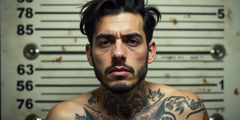 a man with tattoos on his neck and chest is shown in this mug shot from a mug mug shot, Arturo River