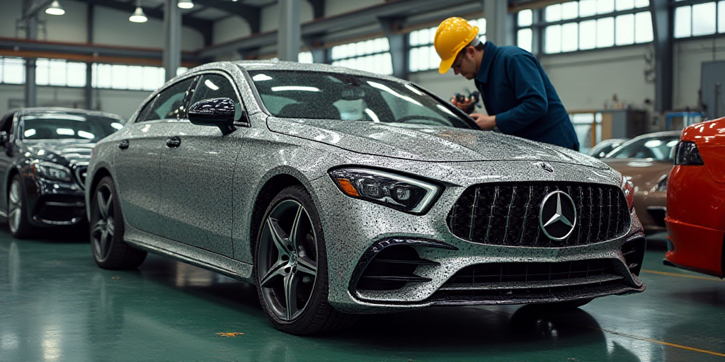 a man working on a car in a factory with other cars in the background and a man in a hard hat workin