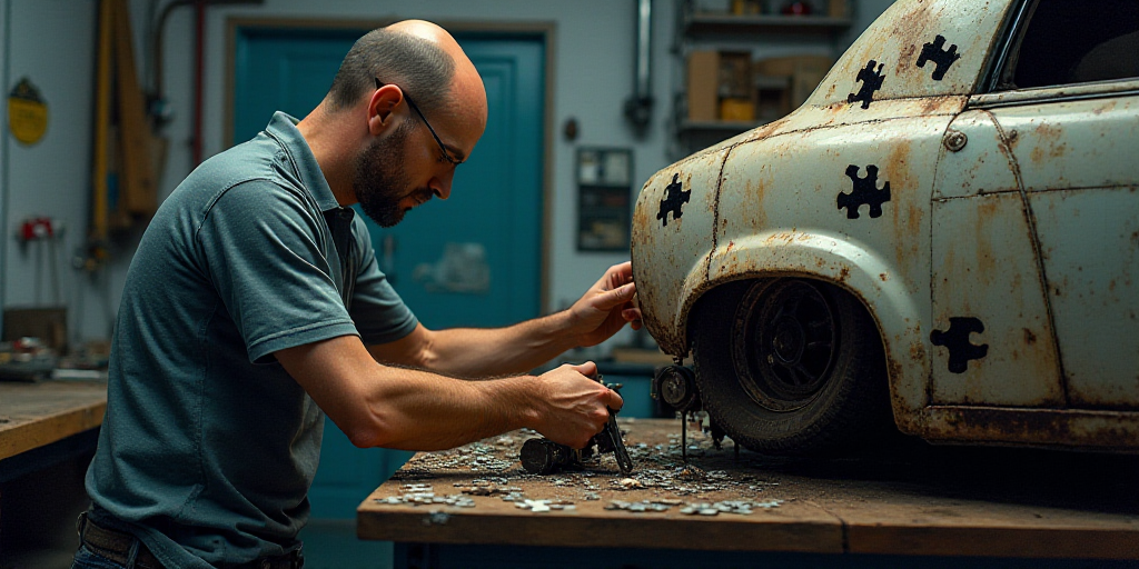 a man working on a car in a garage with a wrench and a wrench in his hand, Dahlov Ipcar, ex machina,
