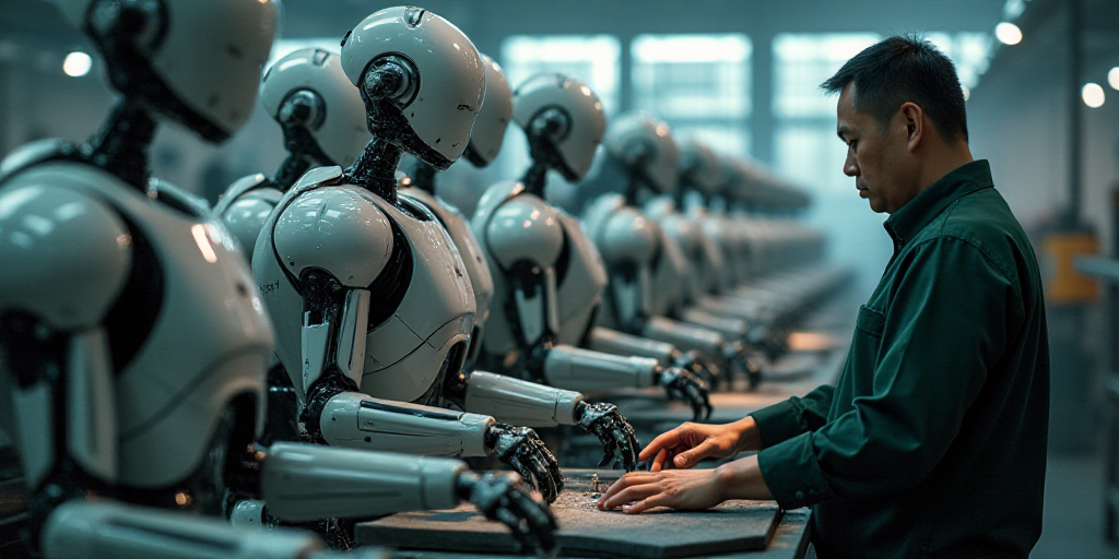a man working on a machine in a factory with lots of machines in the background and a man in the for