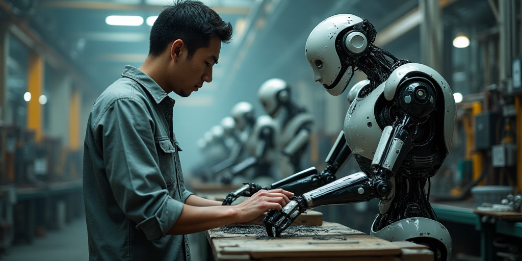 a man working on a machine in a factory with lots of machines in the background and a man in the for