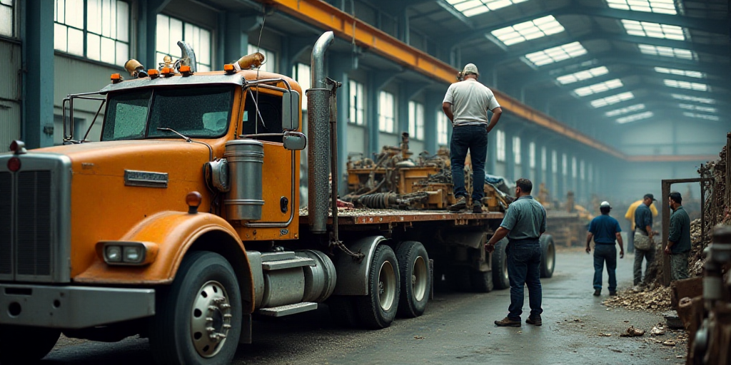 a man working on a truck in a factory with other workers nearby and a man in a white shirt, Dahlov I