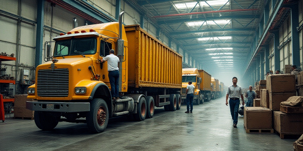 a man working on a truck in a factory with other workers nearby and a man in a white shirt, Dahlov I