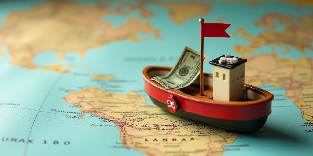 a map with a flag and a miniature boat on top of it with a lot of money sticking out of it, Aquirax
