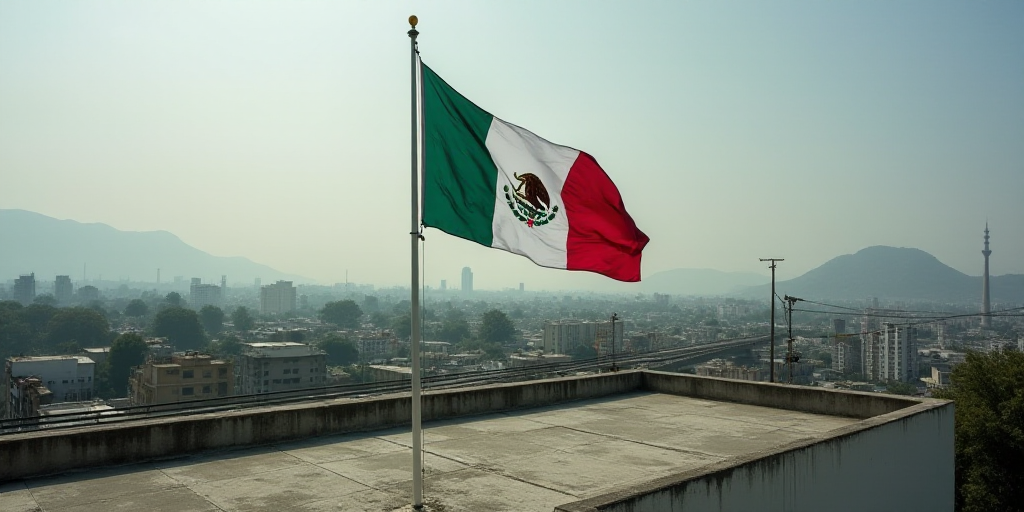 a mexican flag flying on a roof of a building in a city with a freeway and a fenced in area, Aquirax