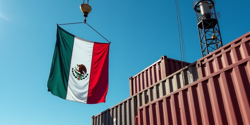 a mexican flag hanging from a crane in a container yard with a blue sky in the background and a blac