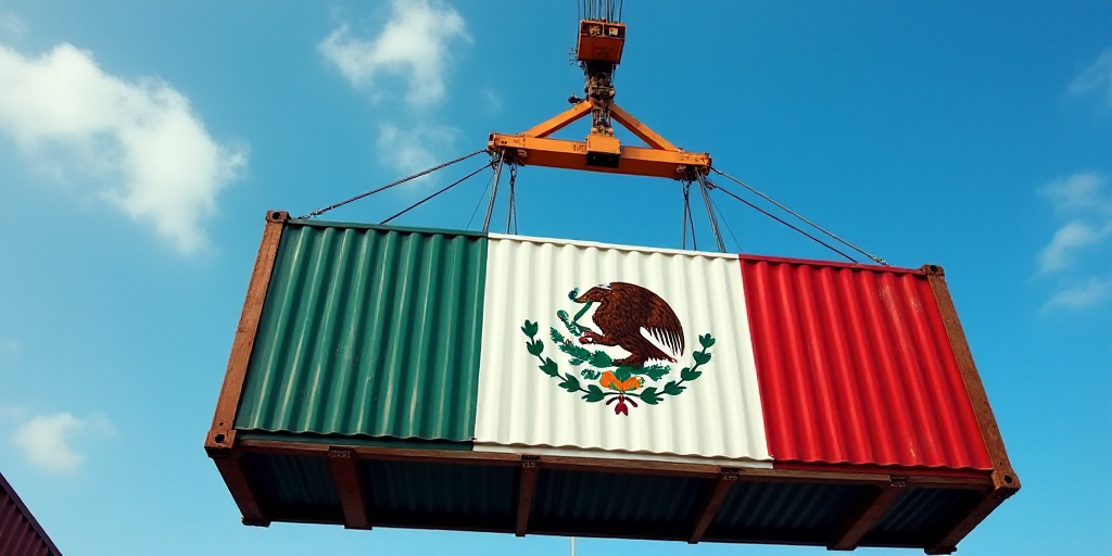 a mexican flag hanging from a crane in a container yard with a blue sky in the background and a blac
