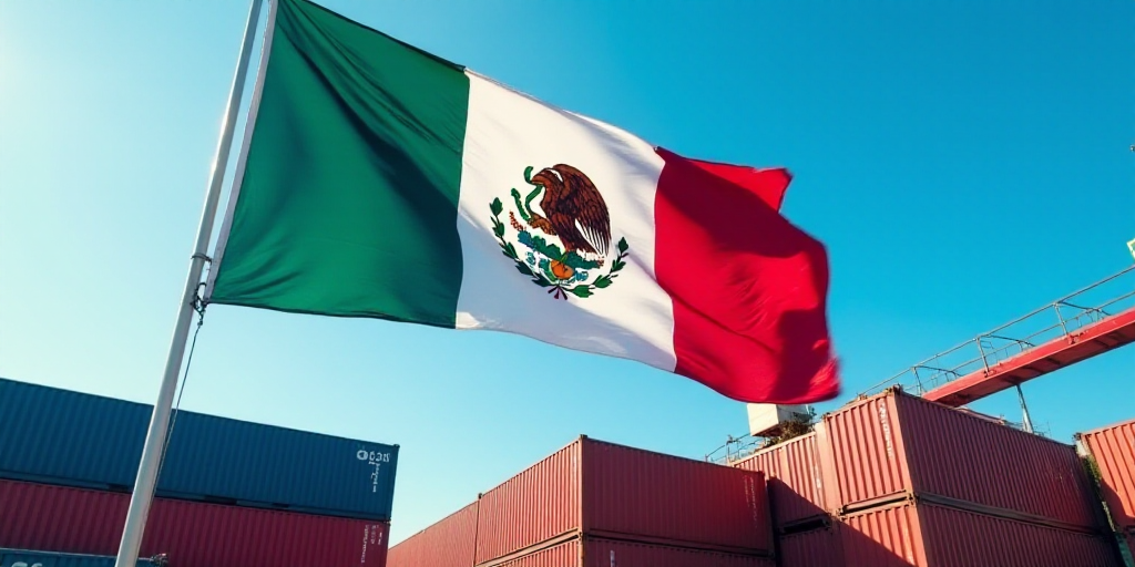 a mexican flag hanging from a crane in a container yard with a blue sky in the background and a few