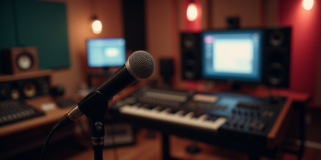 a microphone and a television in a recording studio with sound equipment in the background and a tel