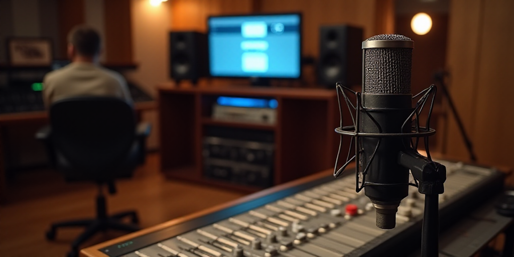a microphone and sound board in a recording studio with sound equipment in the background and a tele