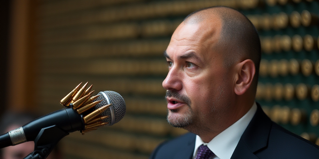 a microphone with a bunch of bullet heads on it's side and a wall of bullet heads on the other side,