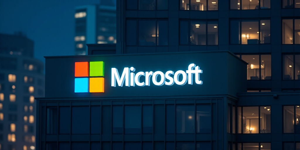 a microsoft logo is lit up in front of a building at night with windows lit up in the background, An