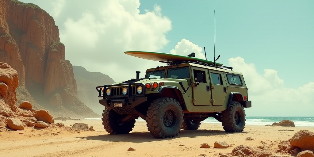a military vehicle parked on a dirt road near a cliff side with a surfboard on the side of it, Estua