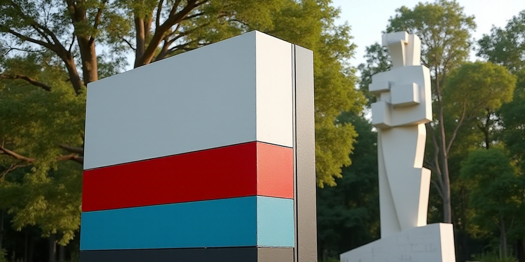 a modern sign with a red and blue stripe on it's side and trees in the background in the background,