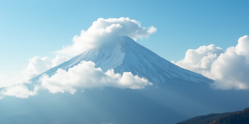 a mountain covered in clouds with a cloud stack in the background and a blue sky with white clouds i