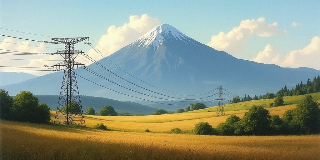 a mountain with a lot of power lines in the foreground and a field with trees in the foreground, Cef
