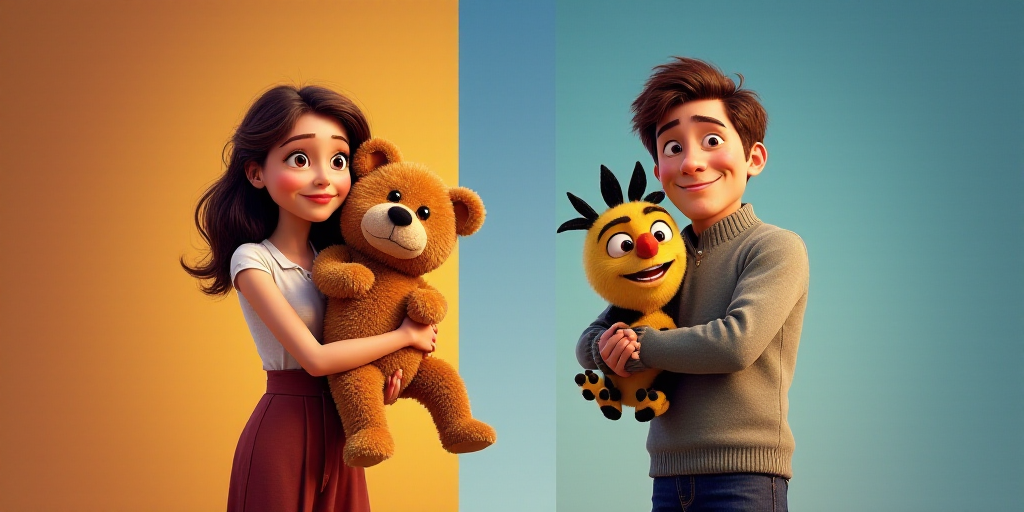 a movie poster with a woman holding a stuffed animal in her arms and a movie poster with a man holdi