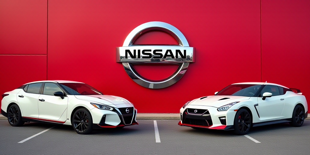 a nissan logo is shown on a red wall next to two white cars in a parking lot with other cars, Ai-Mit
