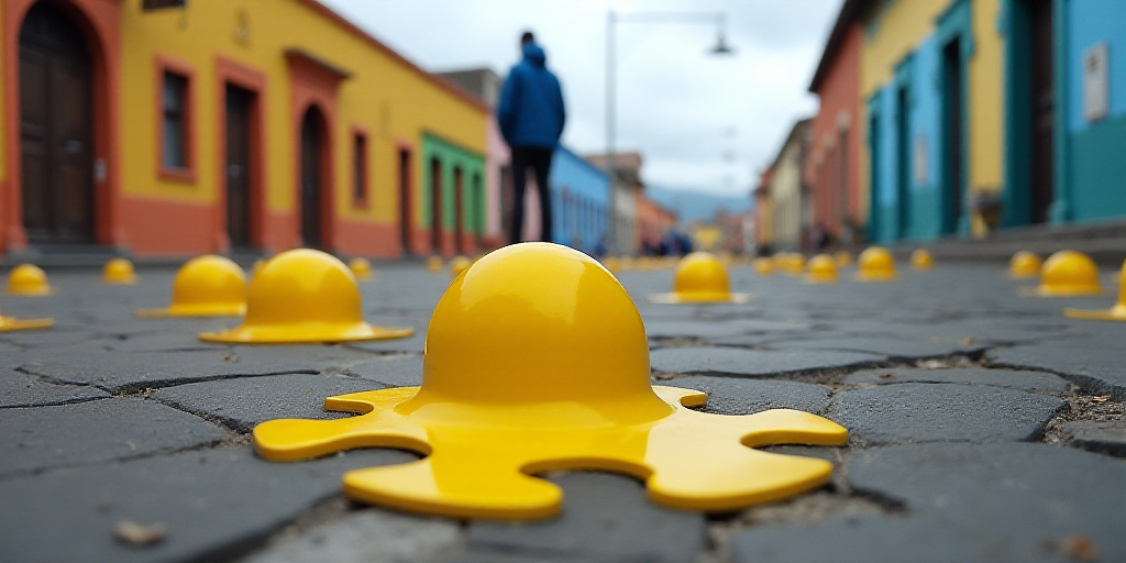 a number of yellow markers are on the ground near a person standing in the distance with a blue jack