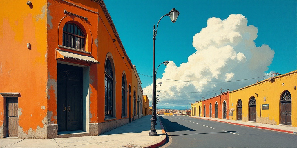 a painting of a city street with a building on the corner and a street light in the distance with a