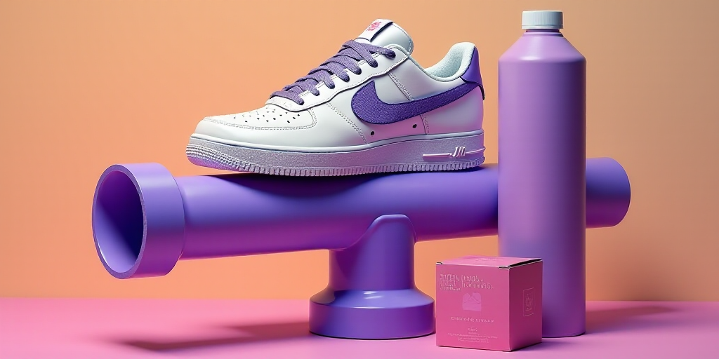 a pair of sneakers sitting on top of a purple pipe with a box of pain on it and a purple tube, Arame