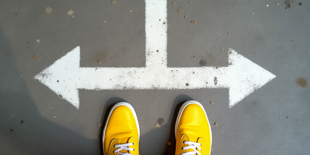 a pair of yellow shoes standing in front of a white arrow painted on the ground with a white arrow p