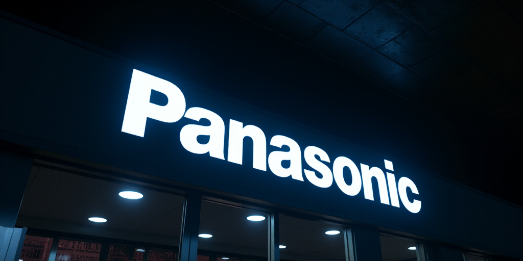 a panasonic sign is lit up at night with lights on the ceiling and a black background behind it, ama