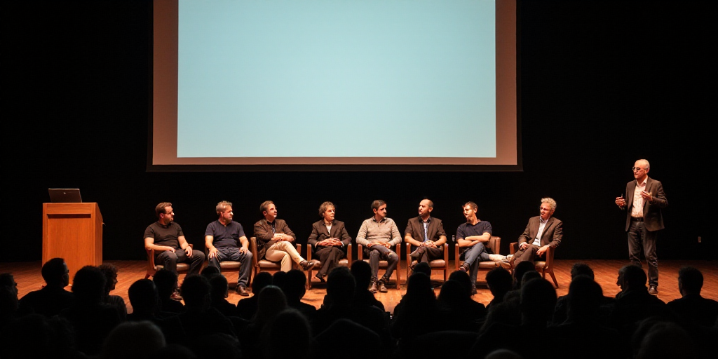a panel of people sitting on stage with a screen behind them and a man standing in front of them, Ed