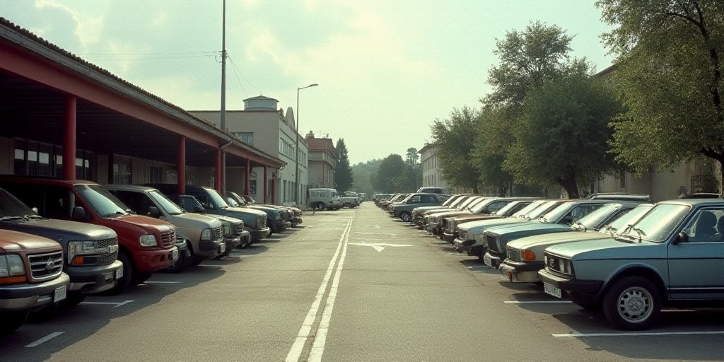 a parking lot full of cars parked next to each other on a sidewalk next to a building with a covered