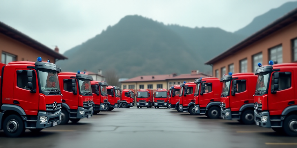 a parking lot full of red fire trucks parked in front of a building with a mountain in the backgroun