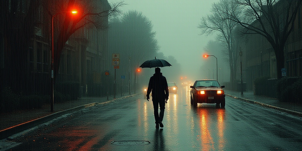 a person crossing a street in the rain with an umbrella over their head and a car parked on the side