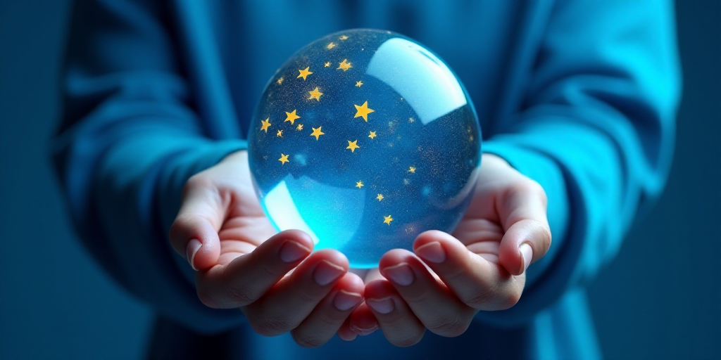 a person holding a blue glass ball with yellow stars on it in their hands, with a blue background, F