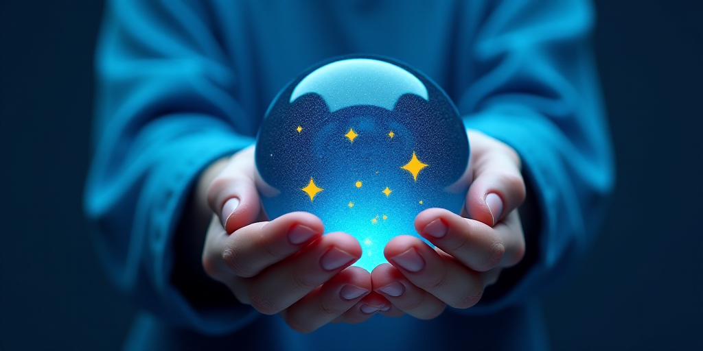 a person holding a blue glass ball with yellow stars on it in their hands, with a blue background, F