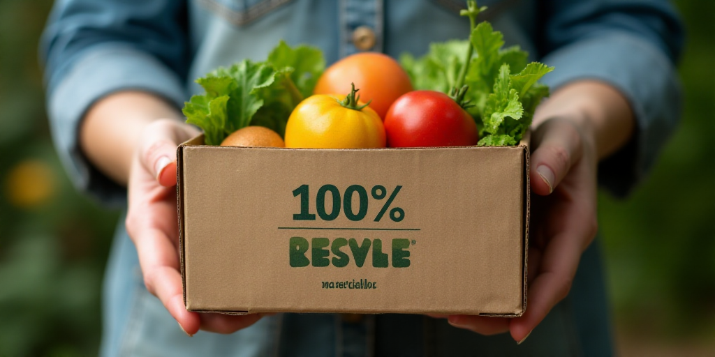 a person holding a box of food with a label on it that says 100 % recyclable resable, Eden Box, feat