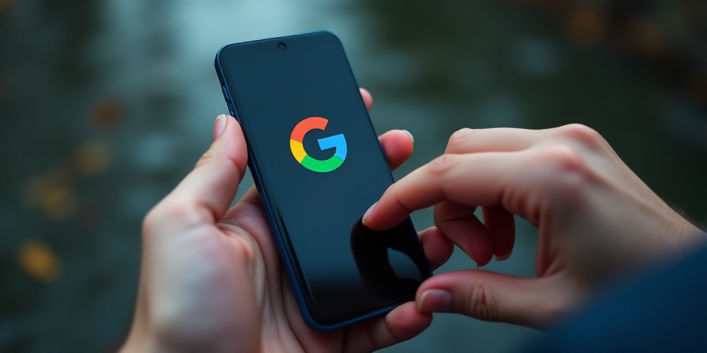 a person holding a cell phone with the google logo on it's screen and a hand touching the screen, Aq