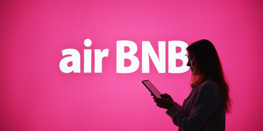 a person holding a cell phone in front of a sign that says air bnb and a pink background, Bourgeois,