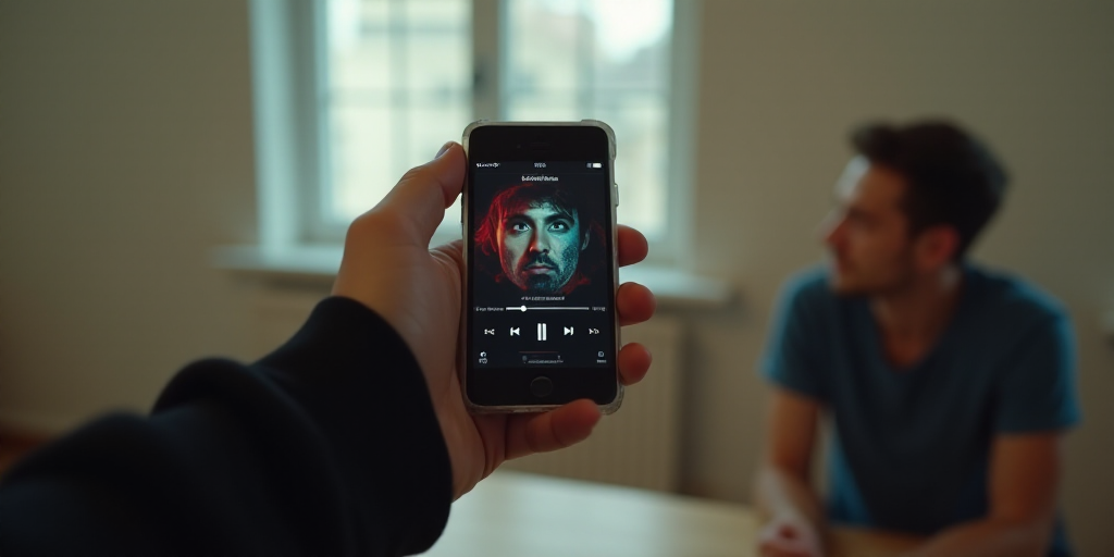 a person holding a cell phone in their hand with a music player on the screen and a person sitting i