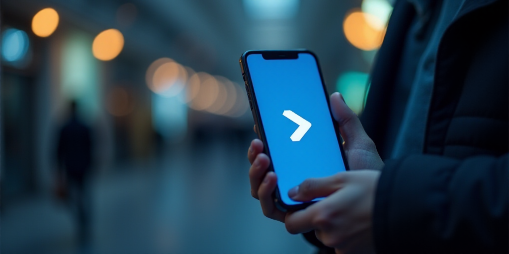 a person holding a cell phone with a blue arrow on it's screen and a white arrow on the screen, Avgu