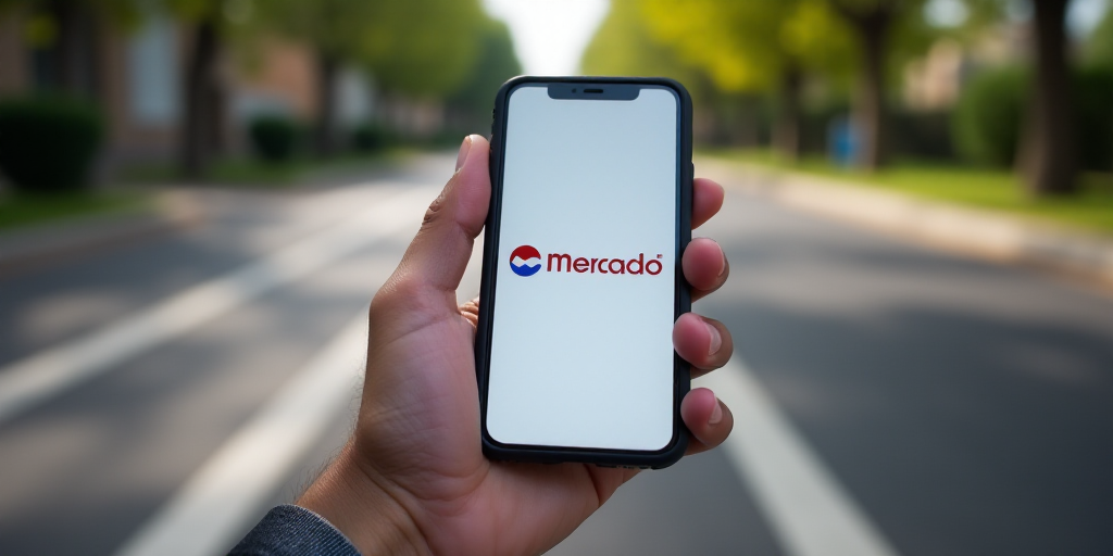 a person holding a cell phone with a mercado libor logo on it in front of a road, Ceferí Olivé, of